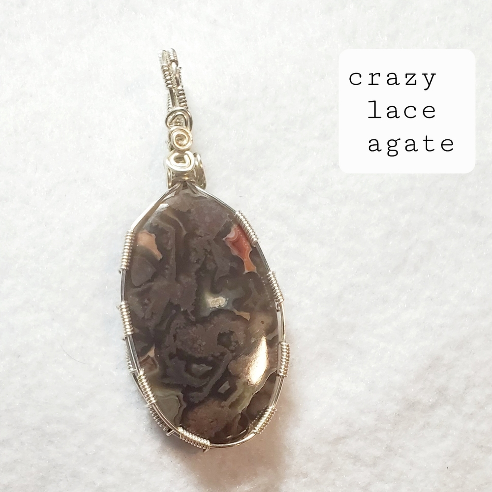 Wire Wrapped Crazy Lace Agate Pendant Necklace Healing Stone New Handmade